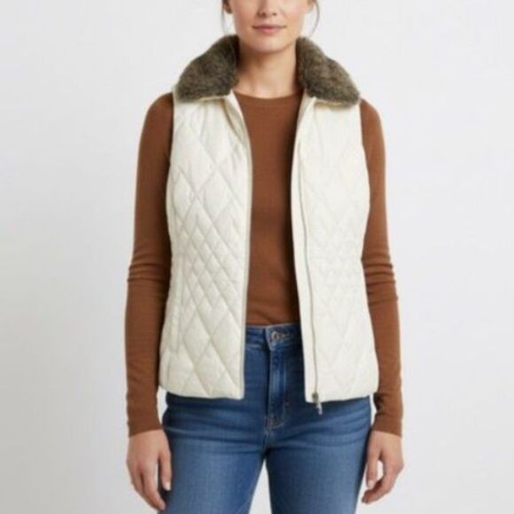 Eddie Bauer Ivory Faux Fur Collar Quilted Premium Goose Down Zip Up Vest Size S - Picture 1 of 15